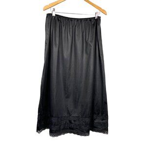 90s Black Lace Slip Skirt Size 1X Vintage Nylon Midi Elastic Waist Scalloped Hem